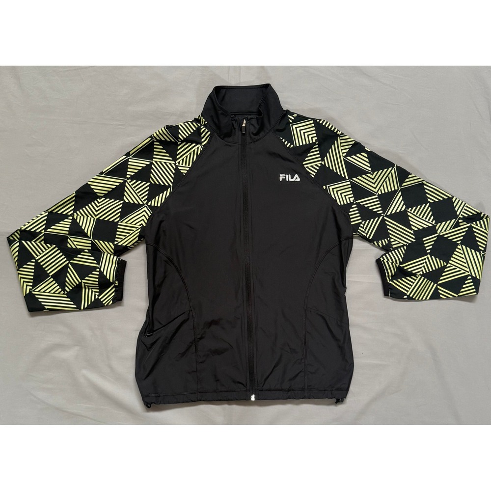 Fila Sport Performance Running Jacket Mens Small Black Neon Yellow Geometric Zip